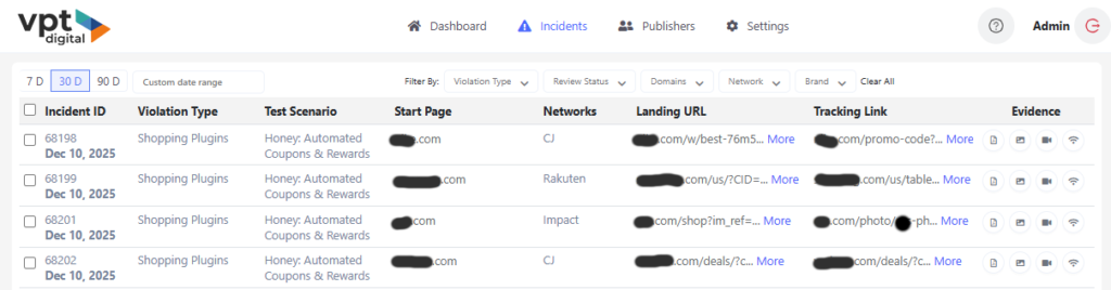 VPT Dashboard Showing Selected Recent Honey Incidents